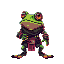 a cyberpunk frog warrior with neon and dark colors of clothes 