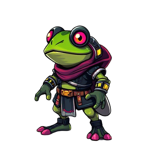 a cyberpunk frog warrior with neon and dark colors of clothes 