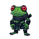 a cyberpunk frog warrior with neon and dark colors of clothes 