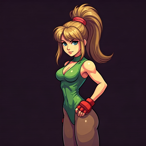laura matsuda from street fighter wearing her bonita outfit but in a 90’s pixelated art style. (16-bit arcade sprite)