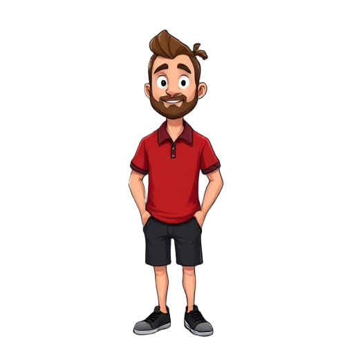 a man with a red polo shirt and black short trousers and black shoes, he has a chin beard and a ponytail