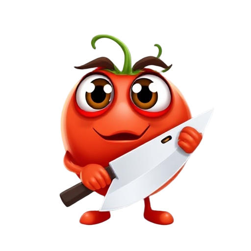 a tomato with big googly eyes, holding a kitchen knife in it's right hand