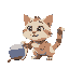 a cat tries to pull its toy to the left with all its strength.