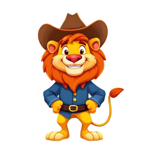 a friendly anthropomorphic lion cowboy. the lion has orange mane, yellow fur, and is smiling. he wears a large brown cowboy hat, a blue shirt with rolled-up sleeves, a dark br