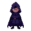 pixalated mystery man with a stylish cape a darker man has a hooded cloak with a purple and bluish color palette his eyes is blue and they are shining in the dark the size is 32