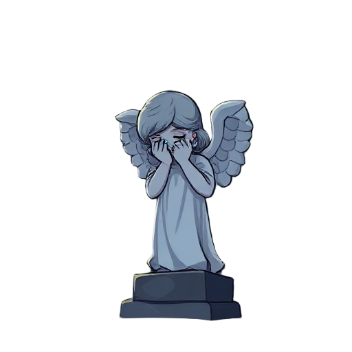 view of crying angel statue with hands over face in graveyard at night. moon illuminating, off centre. starry sky. statue to the right of the scene, moon on the left 