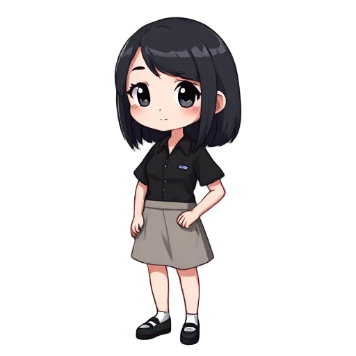 full-body 64×64 pixel anime assistant: black bob, pale skin, big black eyes, black shirt y falda plisada, expresión neutra, paleta mínima, fondo transparente.