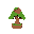 bonsai tree and small house with door, roof and two windows on top of bonsai but in the bottom left corner of it, small image, icon size