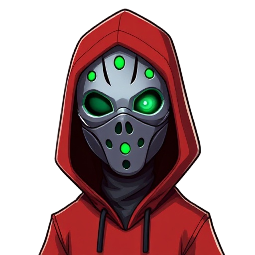 redhooded guy dilver face mask 3 holes dark face green eyes and green light from the mask holed