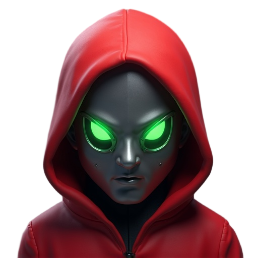 redhooded guy dilver face mask 3 holes dark face green eyes and green light from the mask holed