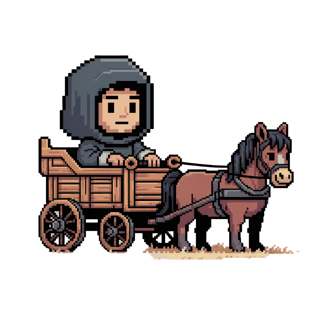 a pixel hooded character riding on a cowboy and western style wagon with a horse pulling it 