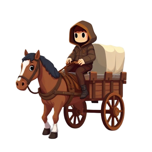 a pixel hooded character riding on a cowboy and western style wagon with a horse pulling it 