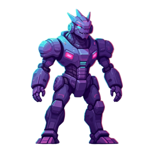 mecha trex with purple and blue gradient and pink neon glow. pixelated character. 