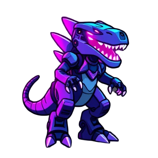 mecha trex with purple and blue gradient and pink neon glow. pixelated character. 