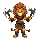 create a lion warrior who uses 2 axes, and wears a tactical cloth skirt e botas, peitoral a mostra