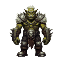 ork com uma cranio de leao no braço direito, usa 2 machados, tem runas magicas no braços,barba e cabelos brancos, usa botas de metal , usa armadura leve deixando o peitoral a mostra