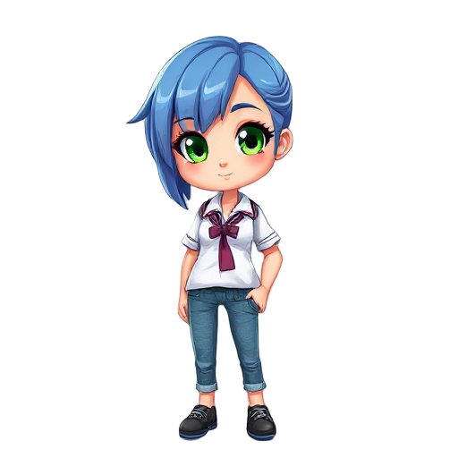 an highschool girl, green eyes, blue hair, school uniform, jeans and white shirt