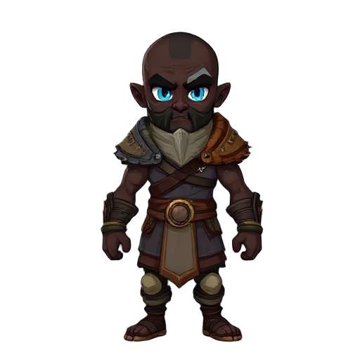 dark skin warrior, bald with blue eyes, a scar across the face and tribal armor