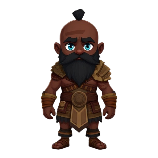 dark skin warrior, bald with blue eyes, a scar across the face, full black beard and tribal armor resembling indigenous warrior