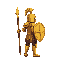 a pixel art character in gold armor, standing in a battle-ready pose. the character is facing right, holding a long spear in their right hand and a round shield in their left.