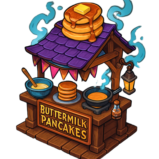 mystical looking buttermilk pancake vendor stand. comic book style vibrant and fantastical
