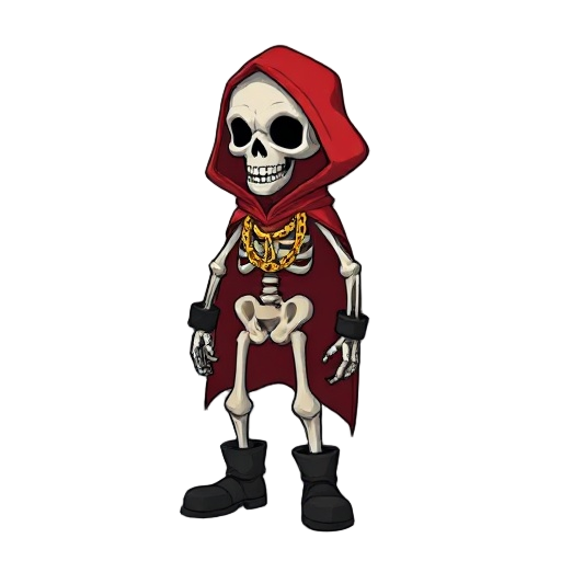 skeleton in red cloak with a gold chain necklace and black boots. in the style of brawlhala.