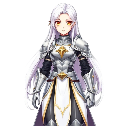 a beautiful anime female paladin knight with long pure white hair, golden yellow eyes, pale skin, elegant armor, full body sprite. she wears shiny silver medieval fantasy armor with white cloth skirt apron in the front that has subtle gold trim. chest pla