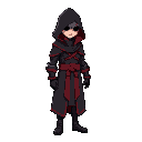 assassinike character with black and red robes and hoodie