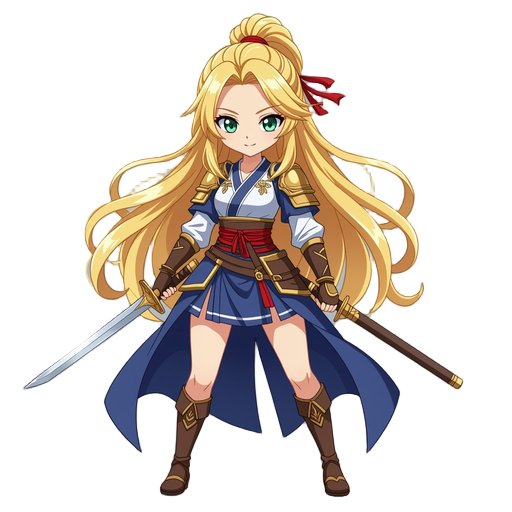 cute kuudere anime female swordswoman with golden long hair
