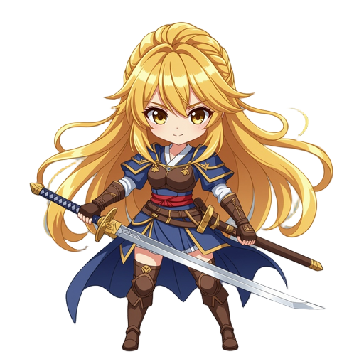 cute kuudere anime female swordswoman with golden long hair