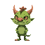 un petit monstre vert avec deux cornes, qui se tient debout et avec une grande bouche et des yeux rouge, un peu ecaillé, il est effrayant 