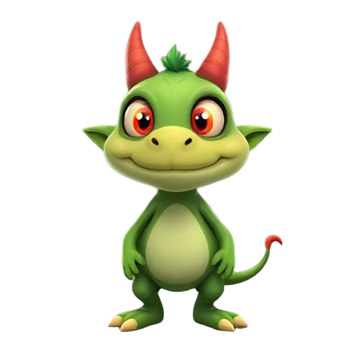 un petit monstre vert avec deux cornes, qui se tient debout et avec une grande bouche et des yeux rouge, un peu ecaillé