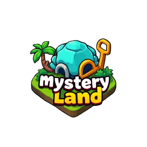 crie uma logo para um jogo chamado mystery land. a logo deve ter um coqueiro e um cronômetro dourado como elementos principais. o estilo deve ser aventura misteriosa tropical, com aparência de jogo. use cores vibrantes e contraste entre dourado, verde e a