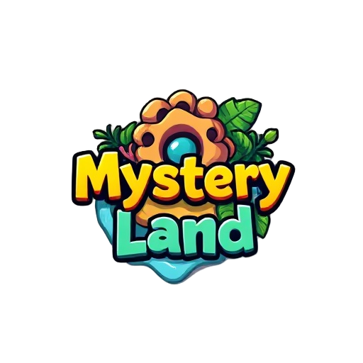 crie uma logo para um jogo chamado mystery land. a logo deve ter um coqueiro e um cronômetro dourado como elementos principais. o estilo deve ser aventura misteriosa tropical, com aparência de jogo. use cores vibrantes e contraste entre dourado, verde e a