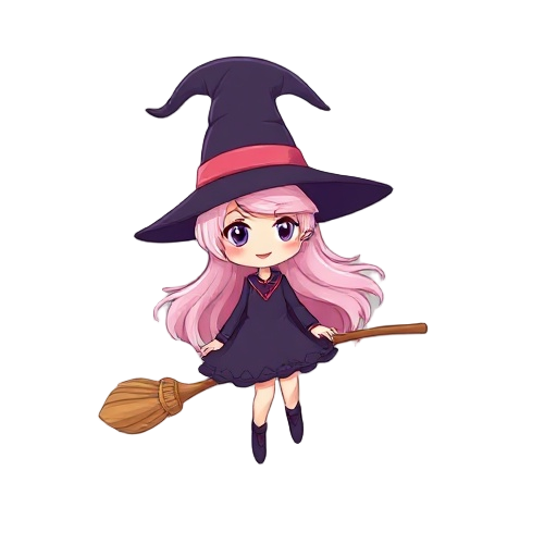 a cute witch magical girl witch a big witch hat and long light pink hair, flying on a broom