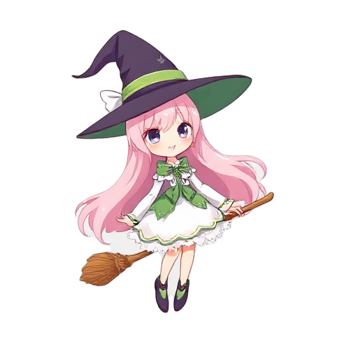 a cute witch magical girl witch a big witch hat and long light pink hair. her clothes are inspires in madoka mágica, but with white and green colors. she is flying on a broom