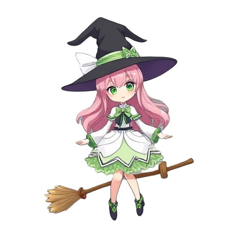 a witch magical girl with a big witch hat and long light pink hair. her clothes are inspires in madoka mágica, but with white and green colors. she is flying on a broom