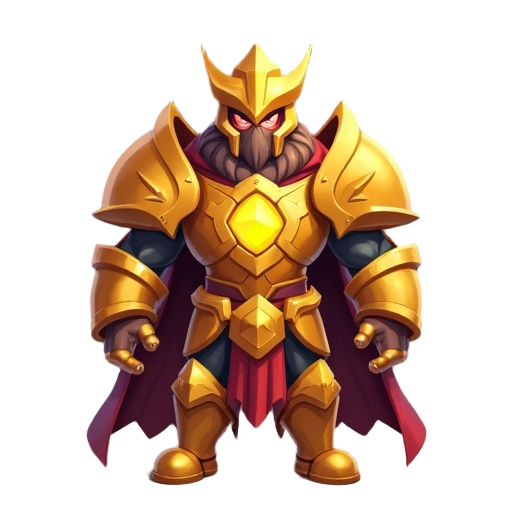 warrior with a full golden armor that has a glowing yellow gem at the chest.