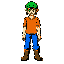 a young male character,  he wears an orange shirt, blue pants, and brown boots.  he has a green cap with a short brim (like a baseball cap, not like an elf hat).  the design is simple, colorful, and outlined, in the style of old gba/snes games.  top-down 