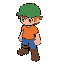 a young male character,  he wears an orange shirt, blue pants, and brown boots.  he has a green cap with a short brim (like a baseball cap, not like an elf hat).  the design is simple, colorful, and outlined, in the style of old gba/snes games.  top-down 