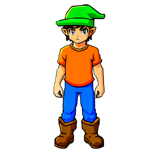 a young male character,  he wears an orange shirt, blue pants, and brown boots.  he has a green cap with a short brim (like a baseball cap, not like an elf hat).  the design is simple, colorful, and outlined, in the style of old gba/snes games.  top-down 