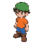 a young male character,  he wears an orange shirt, blue pants, and brown boots.  he has a green cap with a short brim (like a baseball cap, not like an elf hat).  the design is simple, colorful, and outlined, in the style of old gba/snes games.  top-down 
