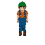 a young male character,  he wears an orange shirt, blue pants, and brown boots.  he has a green cap with a short brim (like a baseball cap, not like an elf hat).  the design is simple, colorful, and outlined, in the style of old gba/snes games.  top-down 
