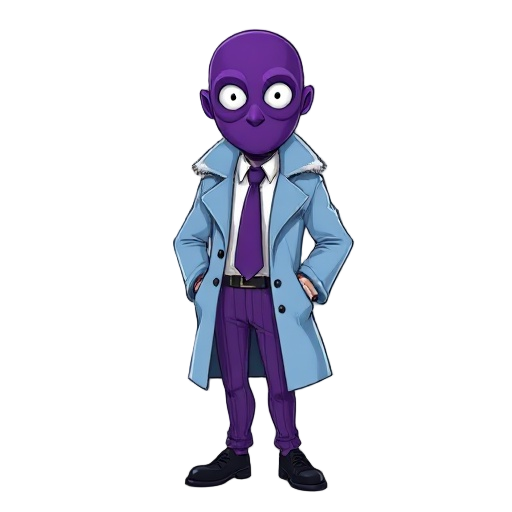 a man with a full purple mask, plain white eyes, light blue trench coat with collar fur, white formal shirt, purple tie, purple pant with thin black stripes, classy black shoes