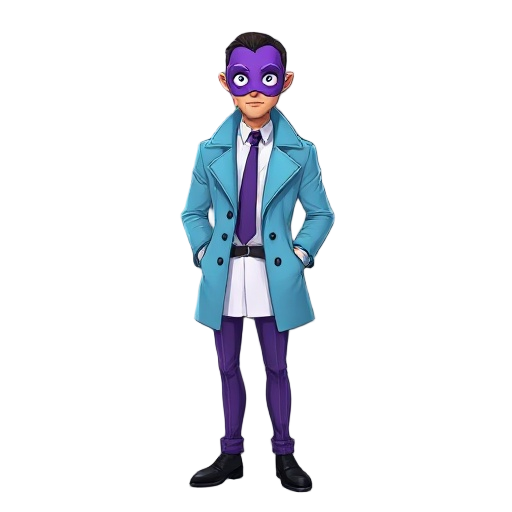 a man with a purple mask, plain white eyes, light blue trench coat with collar fur, white skirt, purple tie, purple pant with thin black stripes, classy black shoes