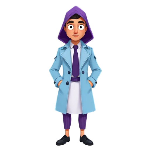 a man with a purple hood, plain white eyes, light blue trench coat with collar fur, white skirt, purple tie, purple pant with thin black stripes, classy black shoes