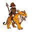 a barbarian with cloth armor, holding a spear, riding yellow fierce tiger