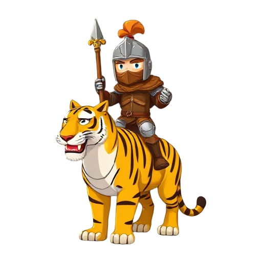 a knight with wooden armor, holding a lance, riding yellow tiger