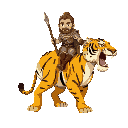 a barbarian with cloth armor, holding a spear, riding yellow fierce tiger