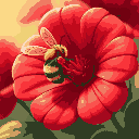 red flower with bee